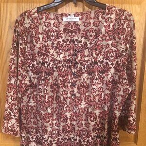 Liz Claiborne 1X Red/tan leaf style pattern blouse 3/4 length sleeve